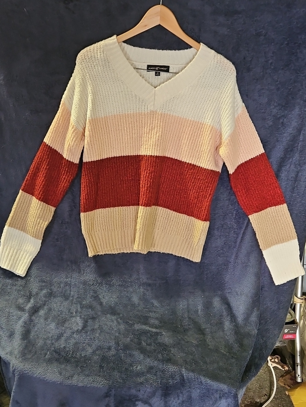 Almost Famous Striped V-Neck Sweater in Cream, Peach & Rust